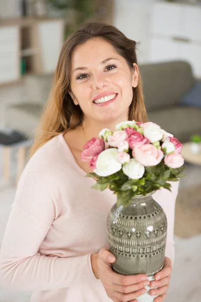 Close Portrait Beautiful Young Woman Holding Flowers — Stock Photo, Image