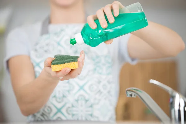 Female Hand Putting Washing Liquid Sponge — Stock Photo, Image