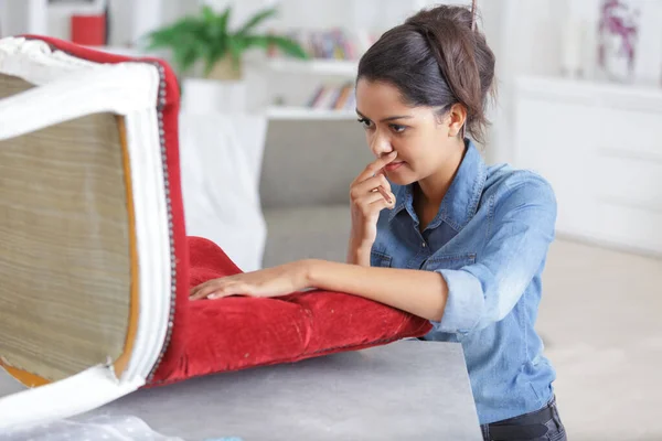 Woman Upholstering Chair Home — Stock Photo, Image