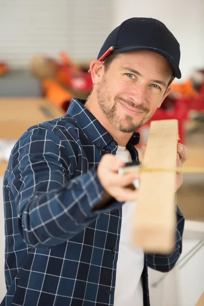 Young Man Working Wood Measuring Tape — Stock Photo, Image