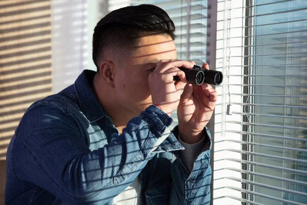 Businessman Looking Binoculars Blinds Window — Stock Photo, Image