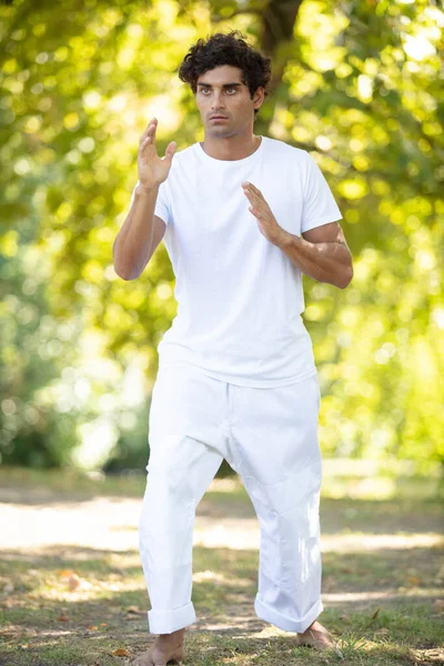 Ein Junger Mann Macht Yoga Grünen Stadtpark — Stockfoto