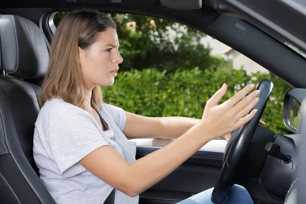 Stressed Young Woman Upset Traffic New Car — Stock Photo, Image