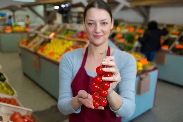 Sorridente Feminino Pessoal Segurando Tomates Cerejas — Fotografia de Stock