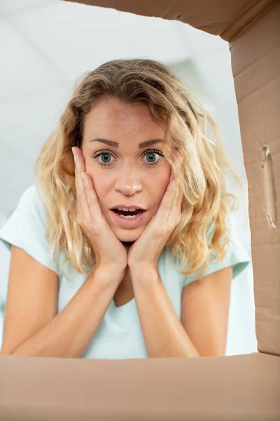 Overjoyed Millennial Girl Room Unpack Parcel — Stock Photo, Image