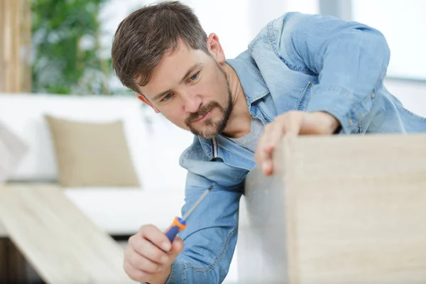 Man Screwing Screws Furniture Fittings Closeup — Stock Photo, Image