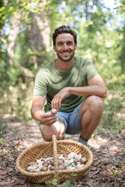 Man Smiling Mushrooms His Basket — Stock Photo, Image