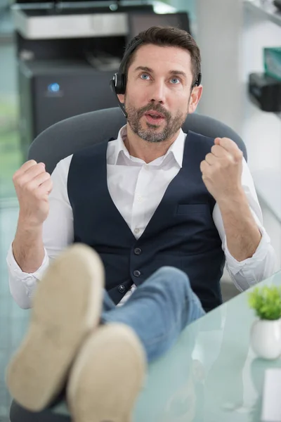 Businessman Making Phone Call Sitting Desk Office — Stock Photo, Image