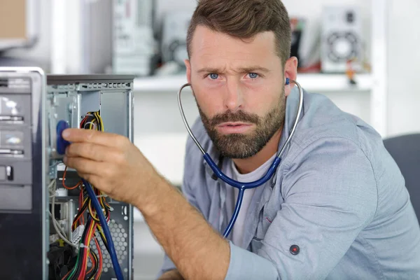 Computer Engineer Working Broken Console His Office — Stock Photo, Image