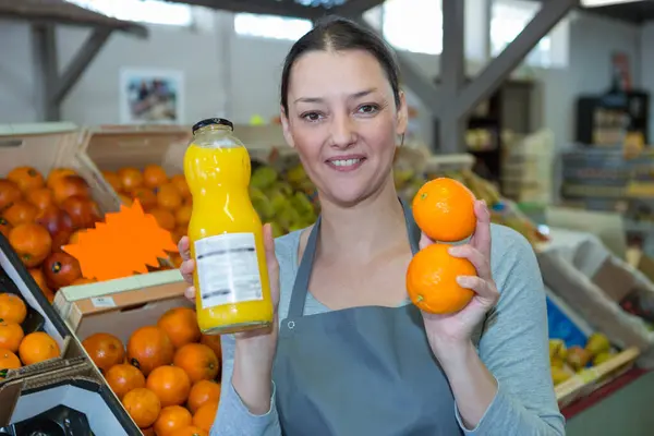 Beautiful Young Woman Bottle Orange Juice — Stock Photo, Image