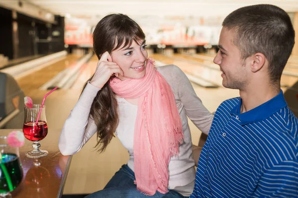 Couple Going Bowling Date Flirting Smiling — Stock Photo, Image