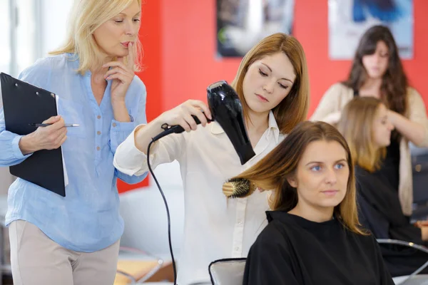 Female Apprentice Hairdresser Training Customer — Stock Photo, Image