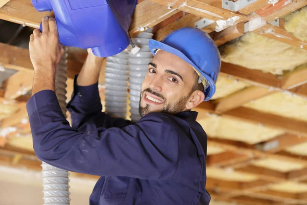 Contractor Installing Plastic Ventilation System — Stock Photo, Image