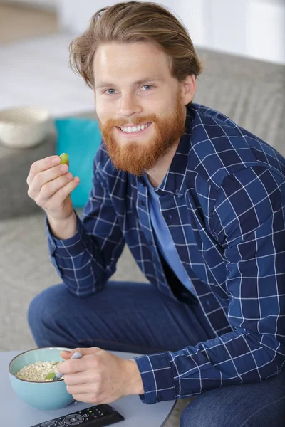 Happy Man Taking Holding Bowl Cereals — Stock Photo, Image
