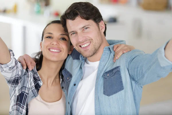 Young Couple Love Making Funny Selfie Home — Stock Photo, Image