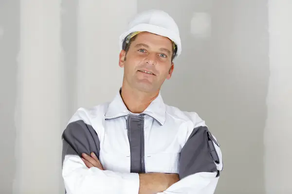 Happy Smiling Worker Uniform Crossed Arms — 图库照片