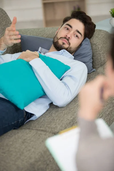 Sad Man Laying Couch Living Room — Stock Photo, Image