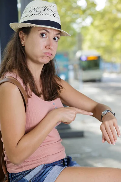 Frustrated Woman Waiting Bus Late Airport — Stock Photo, Image