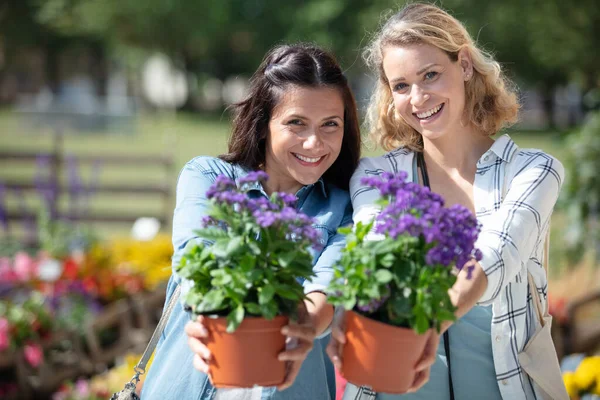 Retrato Duas Mulheres Segurando Plantas Pote — Fotografia de Stock