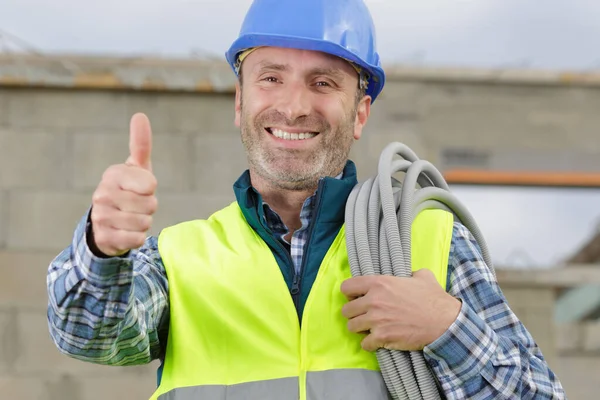 Male Builder Orange Helmet Thumbs — Stock Photo, Image