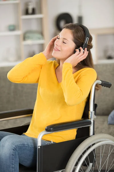 Happy Woman Wheelchair Dancing Music Headphones — Stock Photo, Image