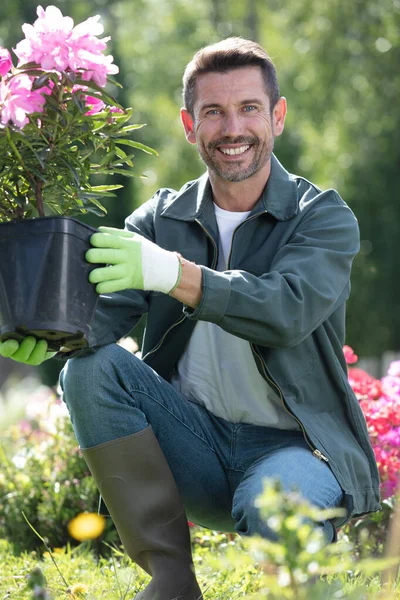 Šťastný Zahradník Drží Květiny Usmívá — Stock fotografie