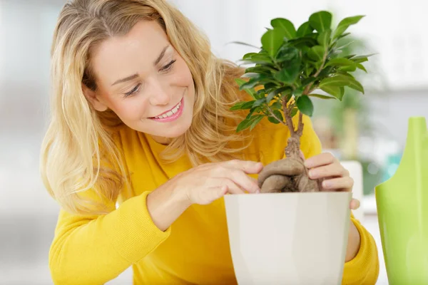 Jong Gelukkig Vrouwelijke Tuinman Holding Plant — Stockfoto