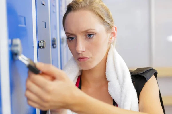 Young Woman Opening Locker Gym — Stock Photo, Image