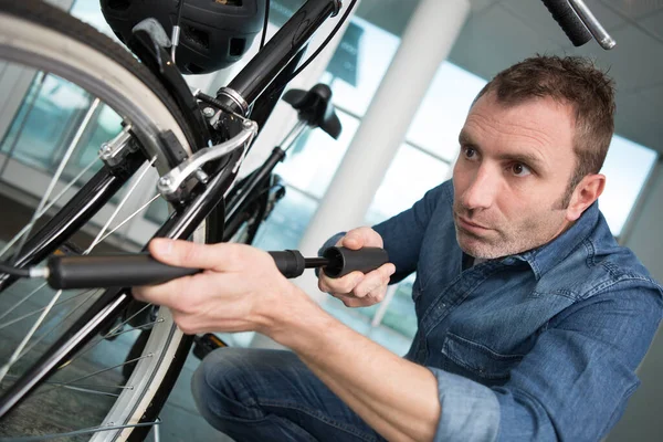 Man Pumping Bicycle Tire Close Hands — Stock Photo, Image