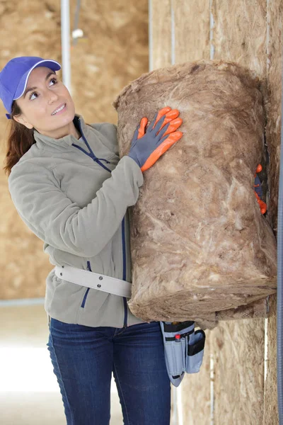 Roofer Installing House Roof Thermal Insuation Mineral Wool — Stock Photo, Image