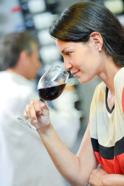 Profile Lady Smelling Glass Wine — Stock Photo, Image
