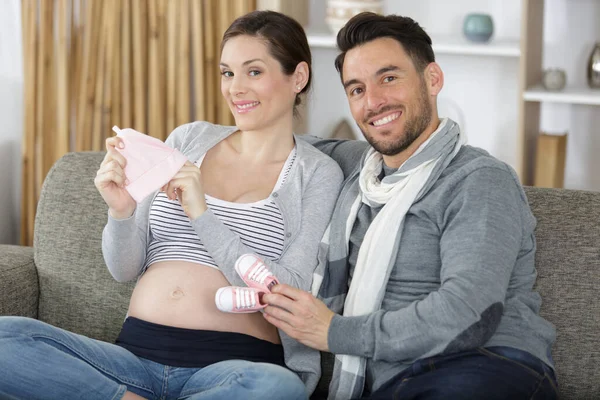 Happy Couple Having Fun Buying Clothes Online Baby — Stock Photo, Image