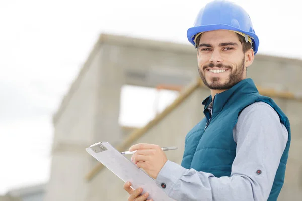 Happy Worker Hard Hat Looking Camera — Stock Photo, Image