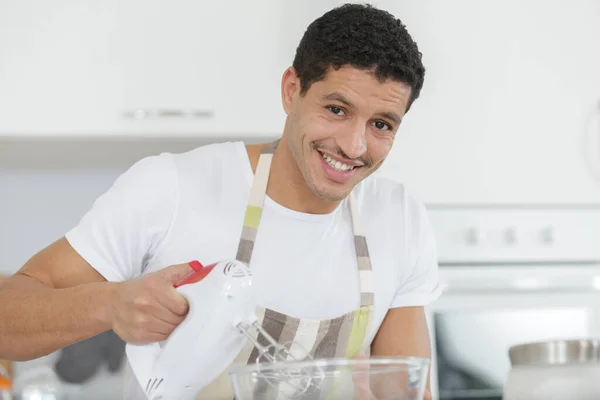 Happy Man Using Dough Mixer — Stock Photo, Image