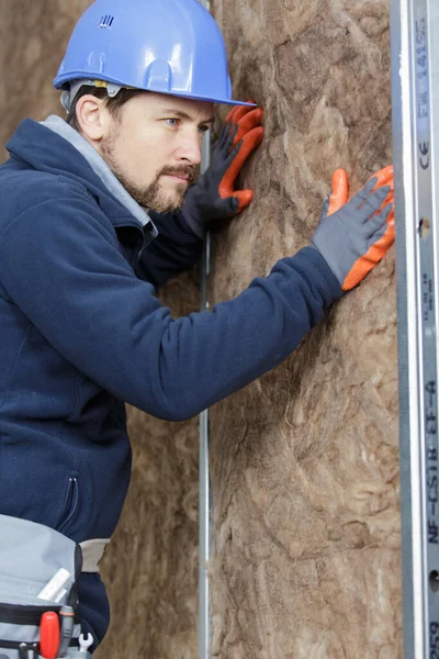 Builder Fitting Insulation Fibre Room Walls — Stock Photo, Image