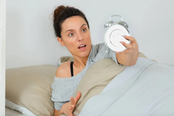 Shocked Young Woman Waking Alarm — Stock Photo, Image