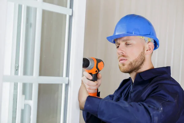Construction Worker Using Drill Install Window — Stock Photo, Image