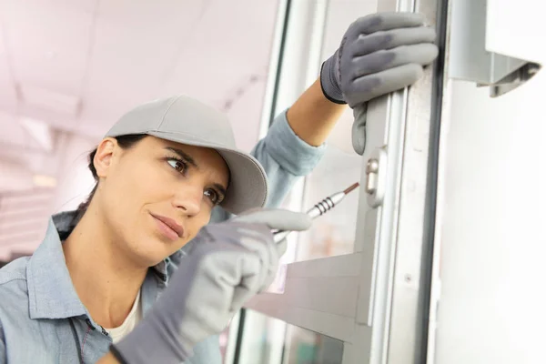 Blonde Woman Installing Window Clients Home — Stock Photo, Image