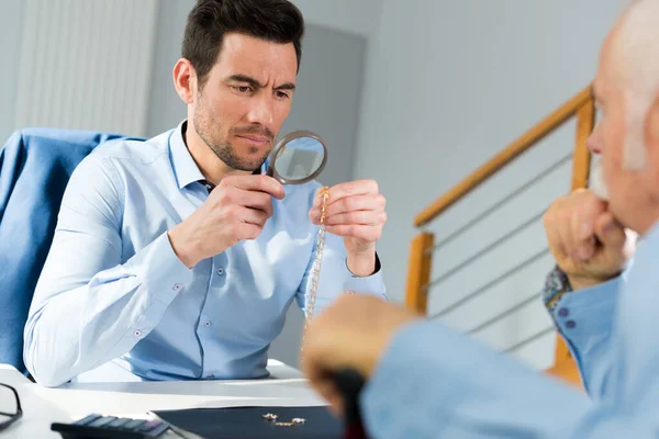 Jeweler Inspecting Ring Magnifying Glass Workshop — Stock Photo, Image