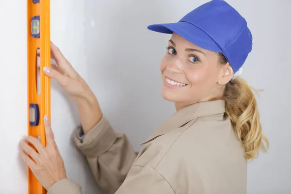 Woman Measure Tape Working Construction — Stock Photo, Image