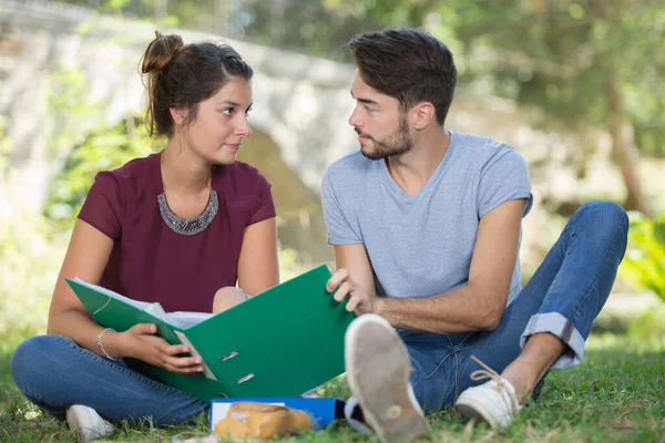 happy couple of students are reading in the park