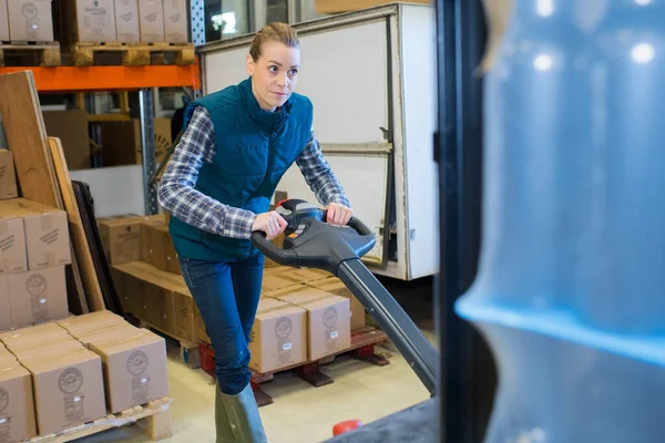 stock image worker posing with trolley in a warehouse