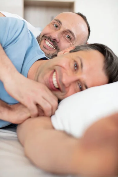 Portrait Middle Aged Homosexual Couple Bed — Stock Photo, Image
