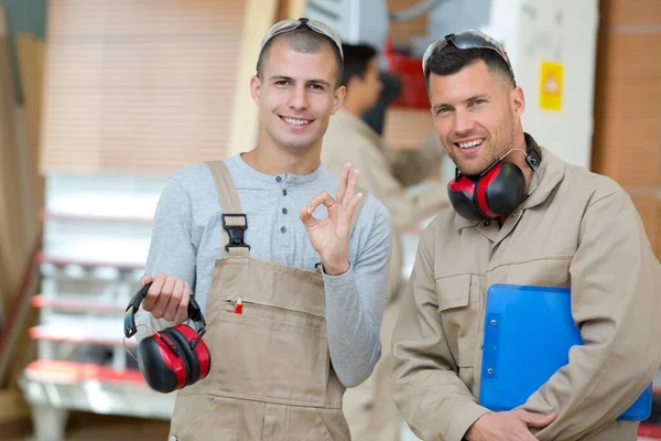 Male Carpenter Showing Perfect Sign Supervisor — Stock Photo, Image