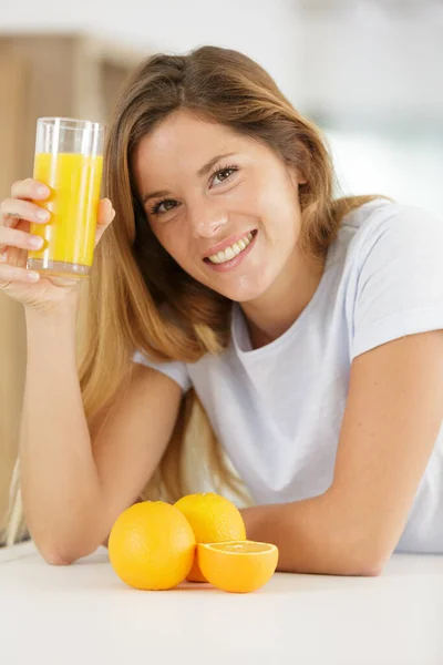 Beautiful Young Woman Glass Orange Juice — Stock Photo, Image