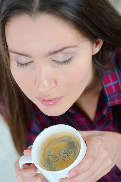 Woman Smelling Coffee Tea Drink Monring Windows — Stock Photo, Image