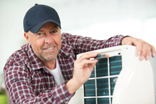 Handyman Repairing Air Conditioning System Calling Help — Stock Photo, Image