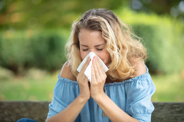 Woman Allergy Symptom Blowing Nose — Stock Photo, Image