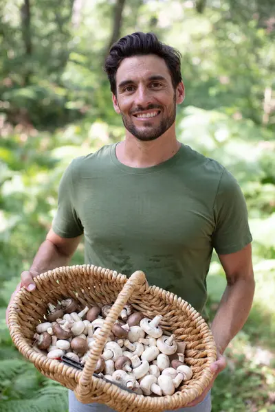 Uomo Mostra Funghi Nel Cestino — Foto Stock