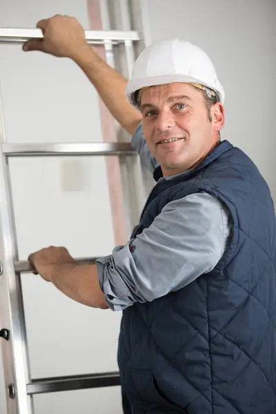 Portrait Workman Hands Rungs Ladder — Stock Photo, Image